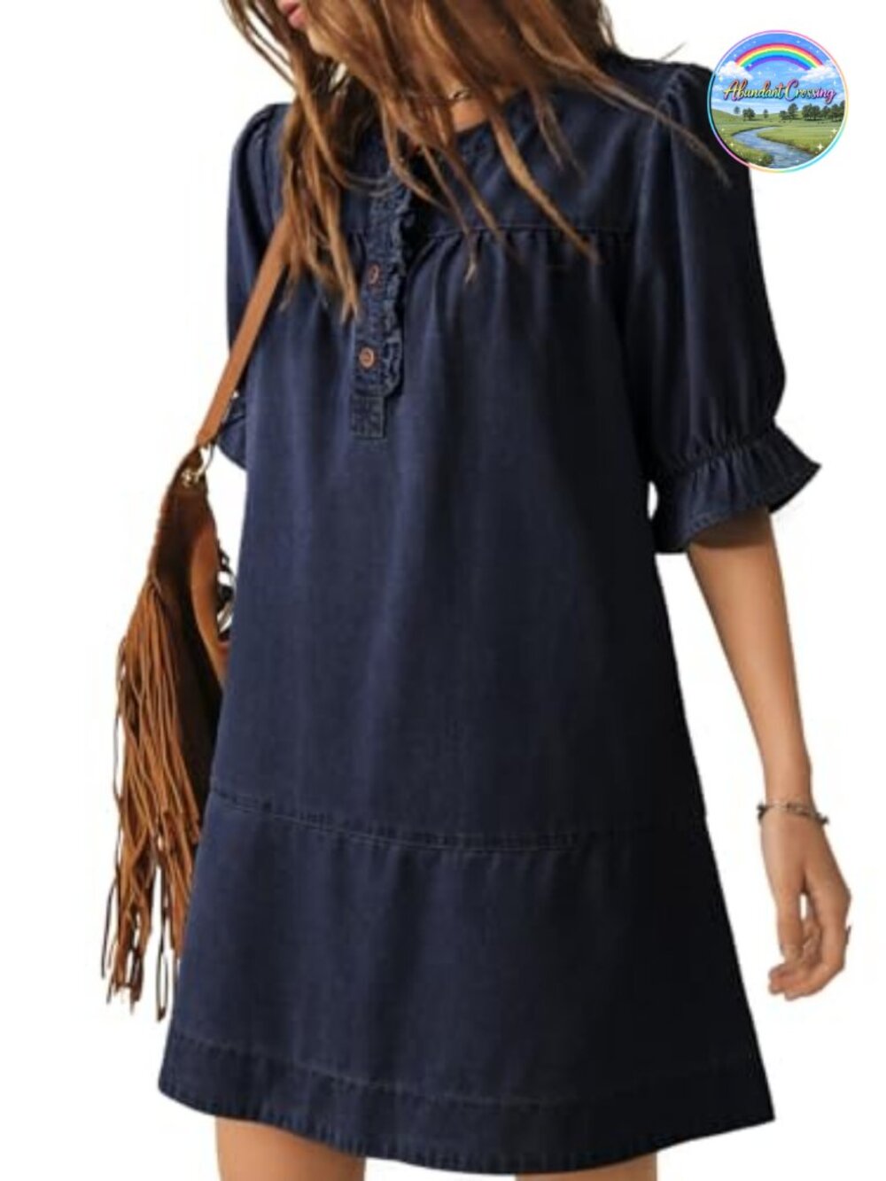 Denim Dress Ruffle Short Sleeve Button Front Mini A-Line Casual